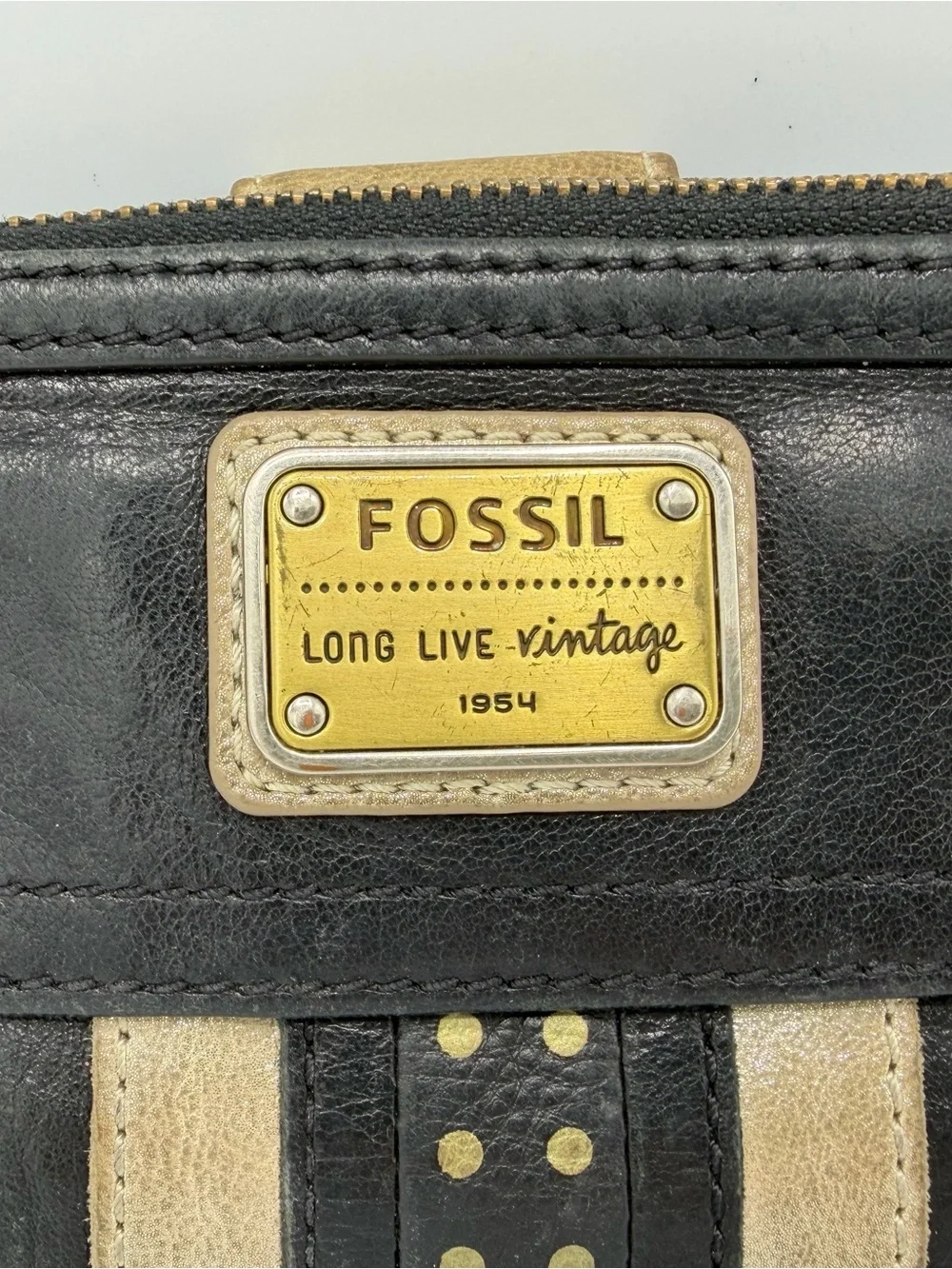 Fossil Long Live Vintage Emory Wallet Black Leather Snap Fold Zip Pocket Bifold